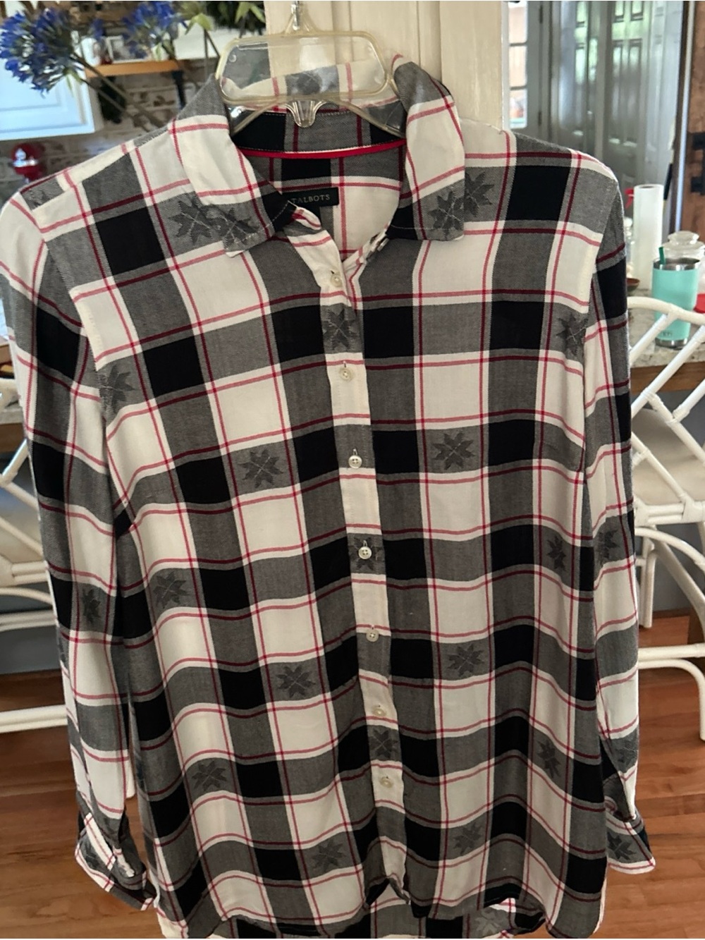 Talbots Black White and Gray Plaid Button-Down Shirt with Red Accents